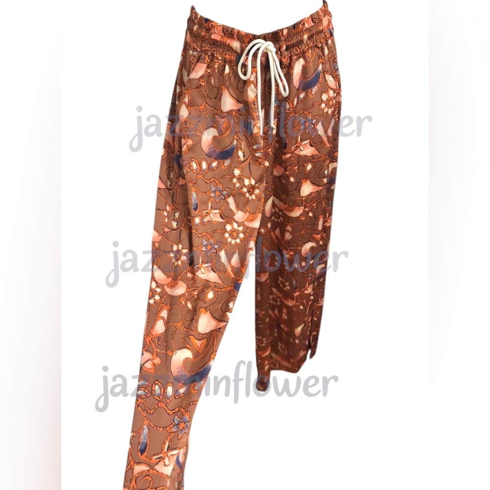Rachel Roy orange multi satin effect side split flowy pants size small new